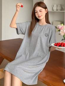 DAZY Minimalist Cute Expression Embroidered Homewear Dress, Moo Moo Pajama