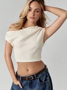 MISSGUIDED 露肩不对称罗纹针织短款上衣短袖弹力秋冬米色 - 杏色 - 查看 6