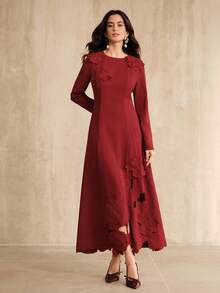 Anewsta 女士优雅奢华精致3D立体花卉刺绣修身连衣裙，尽显高贵气质，适合秋季、冬季、外出、正式场合、派对、新年、圣诞节、工作、毕业典礼、婚礼等各种场合，红色连衣裙 - 酒紅色 - 查看 5