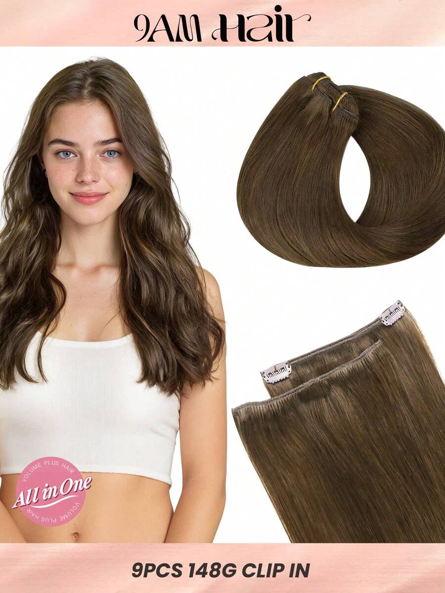 9PCS Straight Clip In Hair Extensions 100% Real Human Hair 14-24 Inch 148G Double Weft Invisible Clip Hair Extensions Remy Natural Human Hair For Women Girls Daily Use