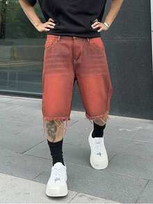 PAVTROS 男式口袋磨边宽松休闲牛仔百慕大短裤