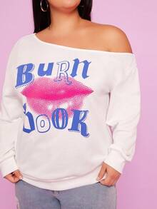 Mean Girls | SHEIN Plus Size Women Casual Lip & Letter Print Asymmetrical Neck Loose Pullover Sweatshirt, Fashion Street Style, Spring/Autumn - White - View 5