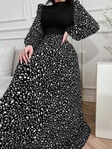 Modelyn Robe arabe élégante pour femmes avec col montant, manches lanternes et patchwork à motif floral - Noir - Voir 6