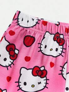 HELLO KITTY AND FRIENDS | SHEIN 少女卡通爱心可爱心形印花针织圆领长袖上衣和裤子睡衣套装，秋冬