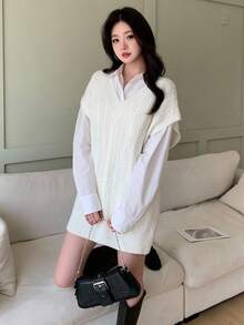 Feyla Casual Solid Color Versatile V-Neck Women Sweater Vests In Fall/Winter