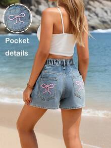 Denim Shorts für Teenager Mädchen, lässig, niedlich, mit Schleifenstickerei - Mittele Waschung - Übersicht 2