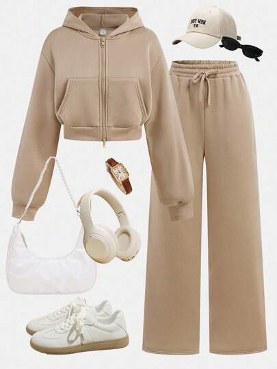 SHEIN Girlism TEENGIRL 灰色连帽两件套，拉链连帽衫和宽松裤子，学院风服装，适合返校季和街头穿着