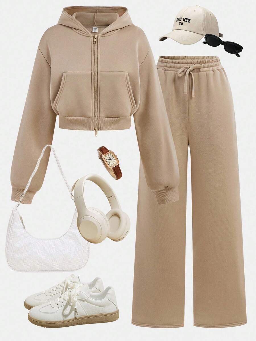 SHEIN Girlism TEENGIRL Gray Hooded Two Pieces Set, Zip-Up Hoodie And Relaxed Fit Pants, Collegiate Style Outfit, Suitable For Back To School, Street Wear Set Outfit For Women Girld Outfit Set Beige Clothes For Teen Girls Full Outfit Set Clothes Set Baige Clothes For Teen Girls