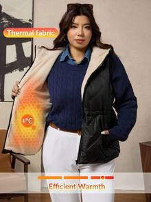 Zelara Plus Size Women's Drawstring Waist Fuzzy Casual Zip Up Hooded Loose Coat, Fall/Winter, Warm Holiday - Black - View 6