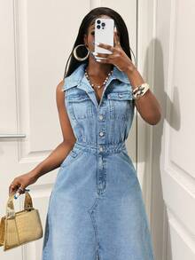 Slaydiva 女式无袖蓝色前扣开衩牛仔连衣裙，时尚 - 藍色 - 查看 7