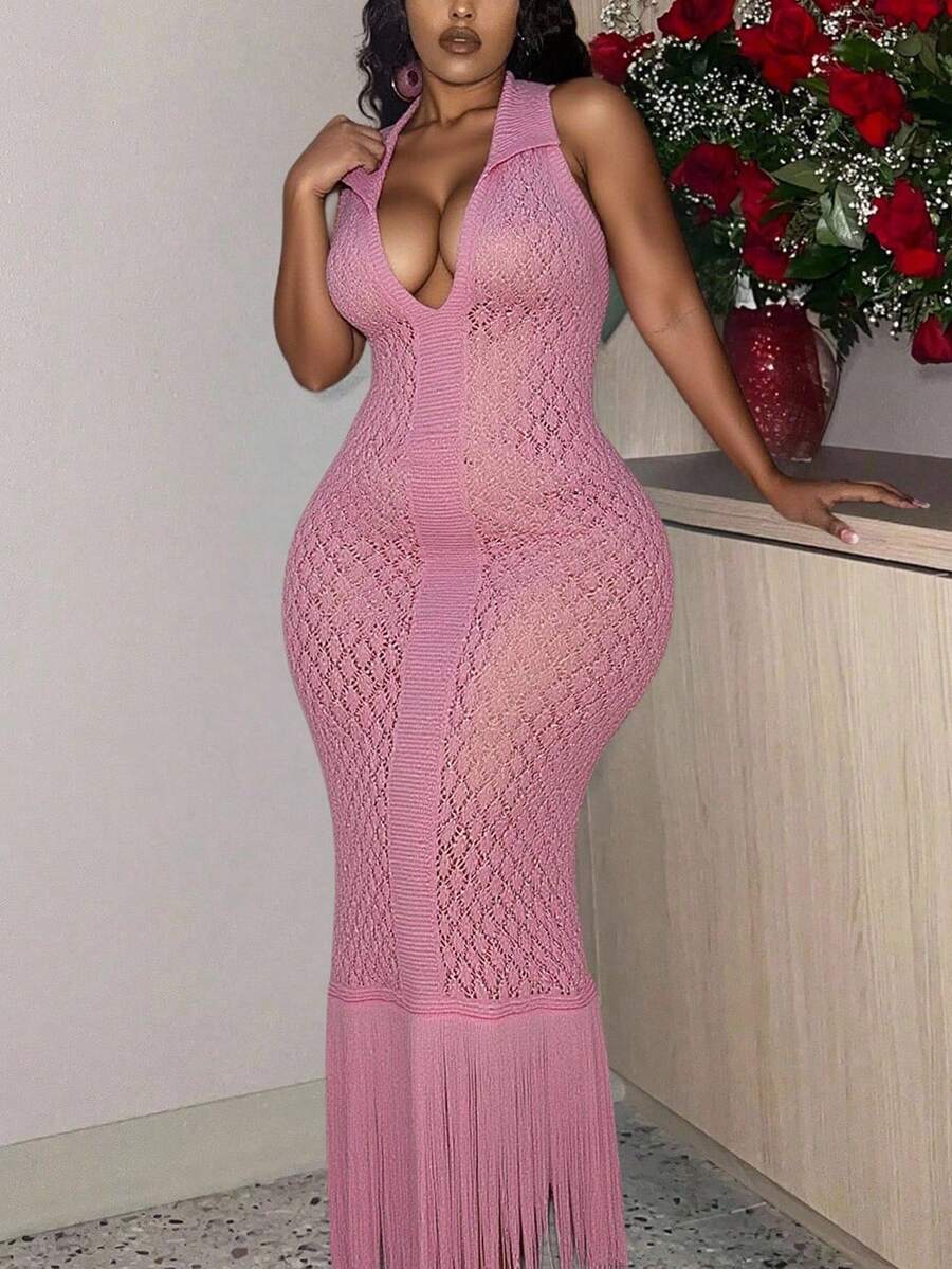 Slaydiva Đầm len dài không tay màu hồng trơn lãng mạn, cổ yếm, vạt tua rua, dành cho nữ, size lớn, mùa đông thu. - Hồng - Xem 1