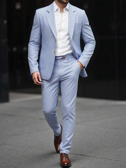Manfinity Mode 男士纯色翻领长袖单排扣西装外套和裤子休闲西装套装浅蓝色西装，Old Money