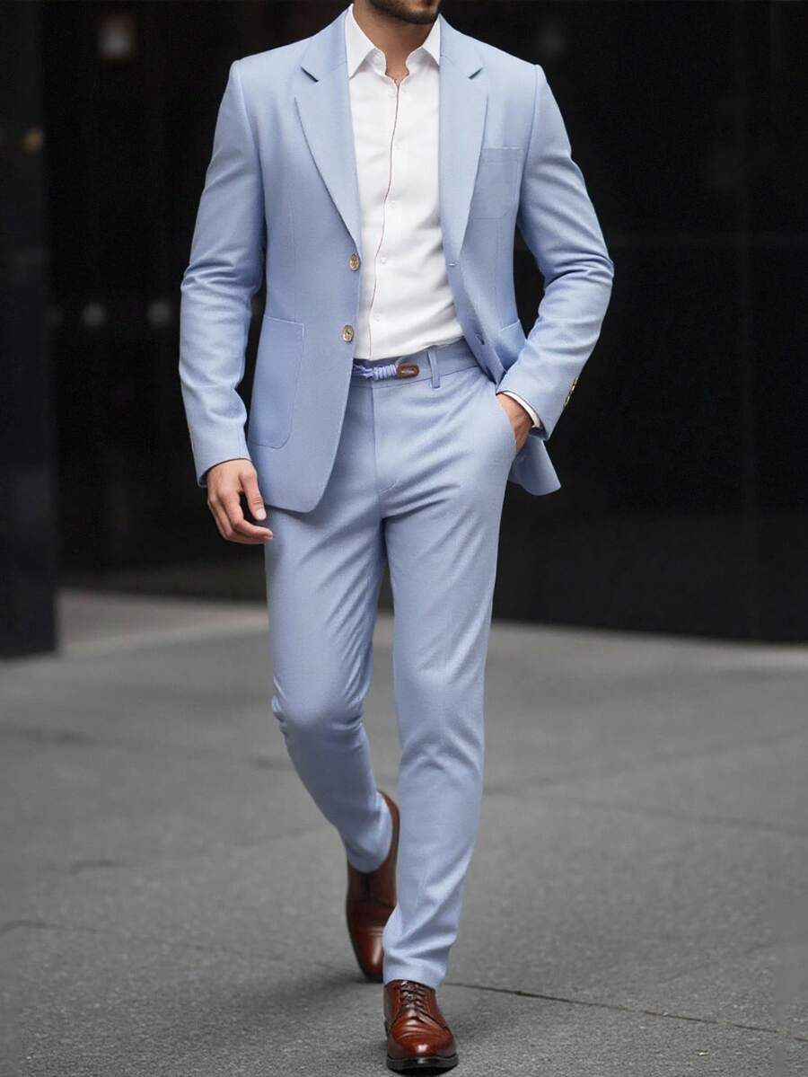 Manfinity Mode Bộ vest nam màu trơn cổ ve dài tay cài nút đơn và quần âu thường ngày màu xanh nhạt, phong cách Old Money - Màu xanh lam - Xem 1