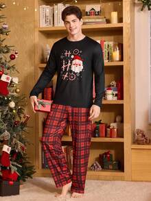 CoupledUp 情侣款圣诞老人格子撞色长袖上衣和裤子男士睡衣套装 情侣睡衣套装 圣诞主题睡衣套装 节日睡衣套装 情侣圣诞睡衣 圣诞睡衣套装 情侣睡衣套装 圣诞老人睡衣睡衣套装 格子睡裤，秋冬服装 - 彩色 - 查看 2