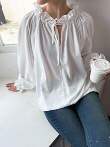K-Vae 女士秋冬白色荷叶边宽松衬衫，韩版风格，万圣节服装，别致秋季