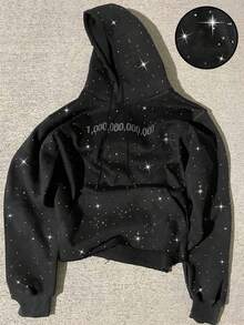 Manfinity EMRG 男士时尚亮片图案黑色连帽运动衫，秋冬 - 黑色 - 查看 1