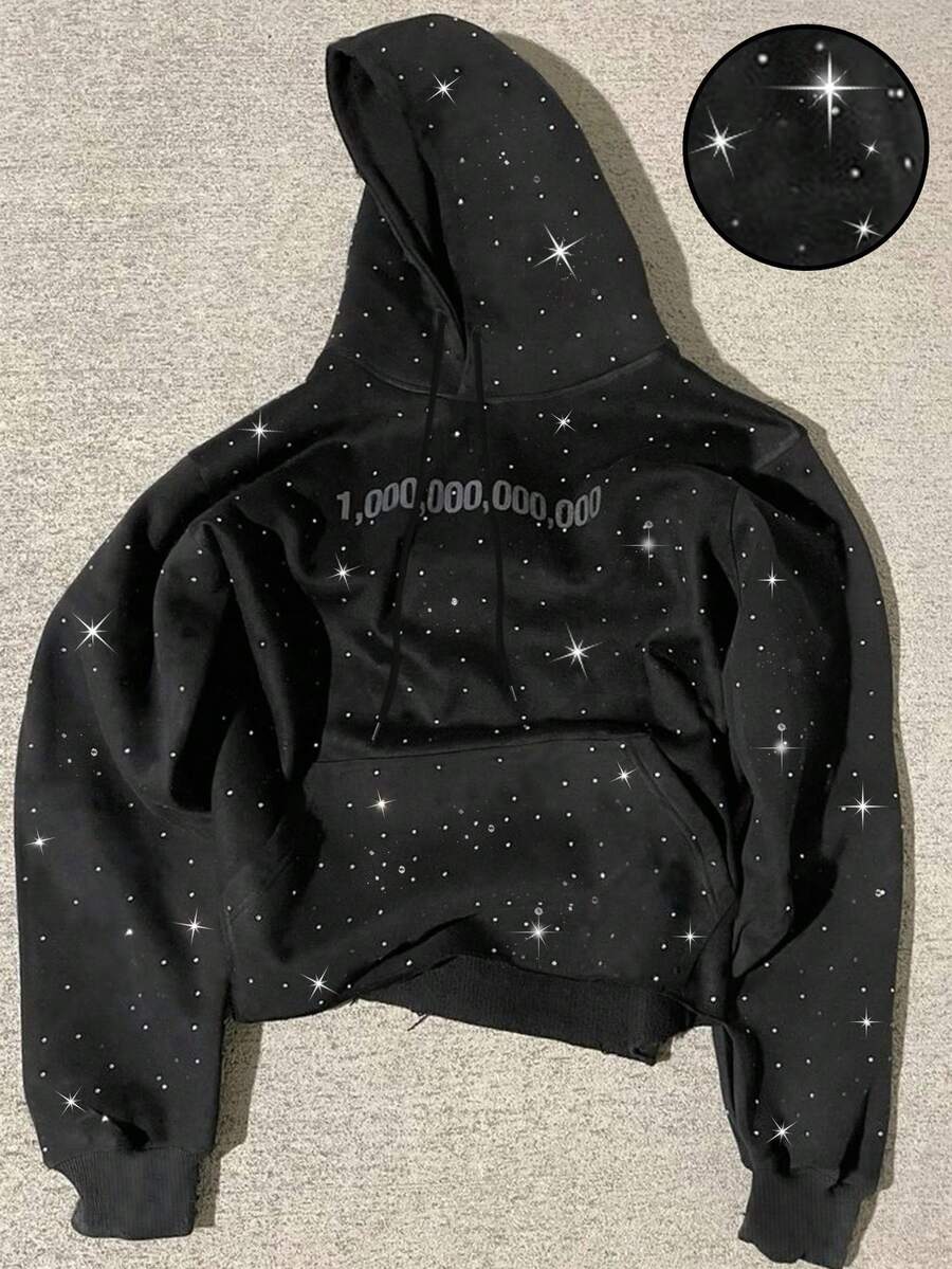 Manfinity EMRG 男士时尚亮片图案黑色连帽运动衫，秋冬 - 黑色 - 查看 1