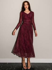 Modelyn Autumn Women's Wine Red Mesh V-Neck Ruched Front Waist Pleated Sexy Elegant Party Cocktail Dress - Burgundy - View 7