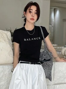 DAZY Áo thun nữ ngắn tay in chữ cho mùa hè - màu đen - Xem 7