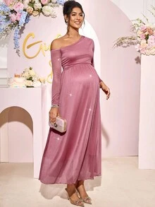 Loomaby 优雅派对不对称领口亮片孕妇装 - 粉色 - 查看 5