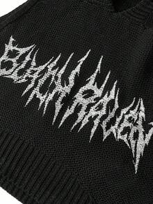 Shutterstock Y2Kool Women's Contrast Color Pattern Hooded Sleeveless Knit Top Hooded Top Goth Clothes Hoodies Graphic Matching Idea Party Top Stylish Clothing Collection New Year Outfits - Black - View 3