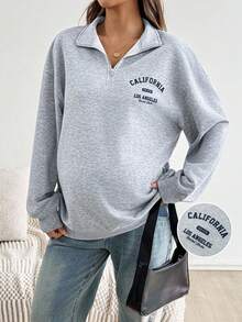 SHEIN Autumn And Winter Maternity Loose Fit Half-Zip Floral Print Lightweight Sweatshirt, Gray Grey Sweatshirt Fall Winter Casual Women Oversized Sweatshirt Woman Women Sweatshirts - Grey - View 1