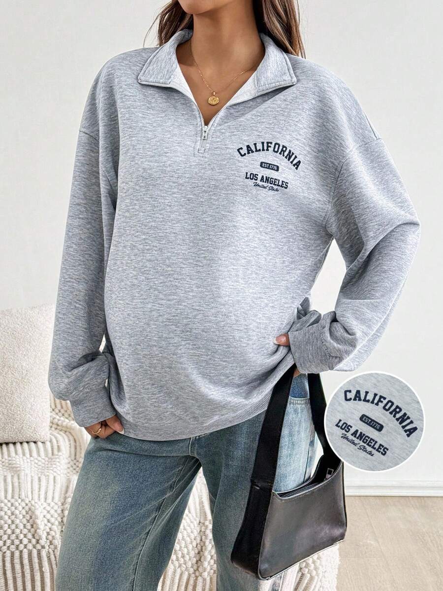 SHEIN Autumn And Winter Maternity Loose Fit Half-Zip Floral Print Lightweight Sweatshirt, Gray Grey Sweatshirt Fall Winter Casual Women Oversized Sweatshirt Woman Women Sweatshirts - Grey - View 1