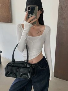 DAZY 女式纯色纽扣前长袖修身休闲 T 恤，秋季，返校服装学院风上衣，秋季女装 - 白色 - 查看 2