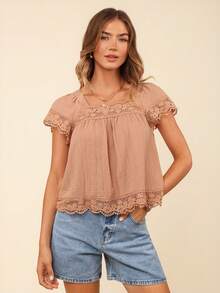 SHEIN VCAY Top de manga mariposa de cuello cuadrado - Naranja Coral - Ver 5