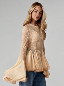 MISSGUIDED Long Sleeve Lace Peplum Blouse With Bell Sleeves And Sheer Overlay For Special Occasions - Apricot - View 5