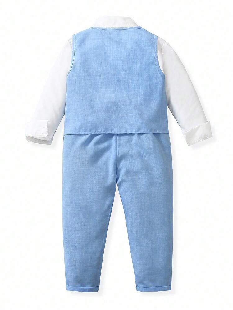 SHEIN 2pcs Gentleman Style Set For Young Boys, Single-Breasted V-Neck Waistcoat And Pants, Suitable For Pairing With White Or Dark Dress Shirt, Ideal For Birthday Party, Formal Occasion, Wedding, Baptism, Back To School, Vacation, Holiday - Baby Blue - View 2