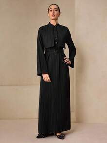 Graceveil Elegant Black Woven Casual Striped Flared Collar Button Waist Belt Long Evening Dress, Autumn - Black - View 6