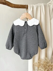 SHEIN Baby Girls' Minimalist Knitted Bubble Jacquard Lantern Sleeve Bodysuit, Suitable For Outings And Gatherings, Autumn/Winter Fall - Dark Grey - View 2