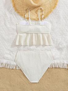 SHEIN Summer Beach Vacation Adorable Ruffle Trim 2pcs Girls Swimsuit Set, Teens Summer Holiday - Apricot - View 2