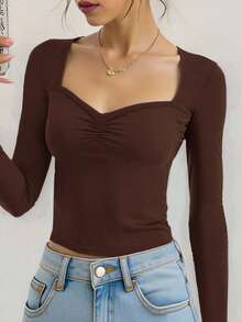 SHEIN Camiseta de manga larga ajustada para adolescentes, unicolor con busto fruncido, camiseta casual y dulce para niña, adecuada para volver al colegio, ocasiones festivas, picnic familiar al aire libre, uso diario, color marrón