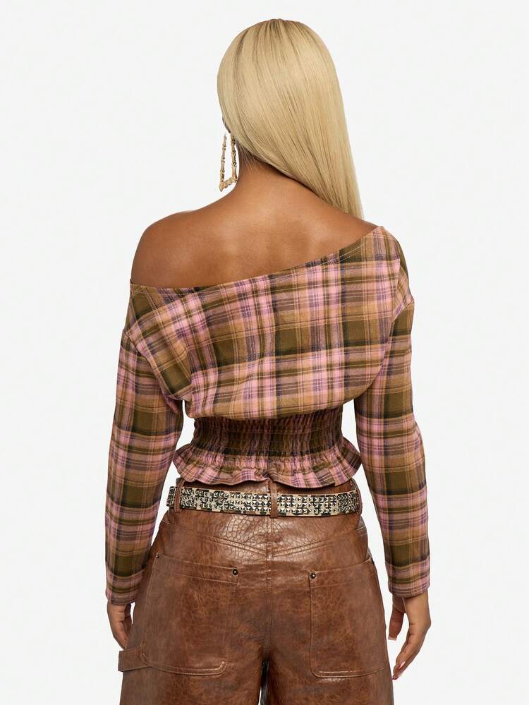 SUMWON Off-Shoulder Plaid Cinched Waist Crop Blouse With Long Sleeves For Autumn Styling