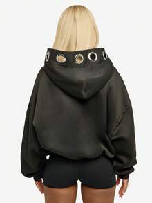 SUMWON WOMEN Oversized Hoodie With Metal Eyelet Grommets Casual Pullover Sweatshirt - Black - View 7