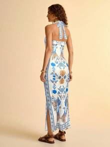 CAJUNI Damen Boho Stil Urlaubs Lässig Pflanzen & Vogel Dunkel Farbdruck Kreuz-Ausschnitt Kleid