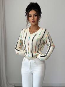 Elenzga V-Neck Colorful Rope Knitted Sweater For Women