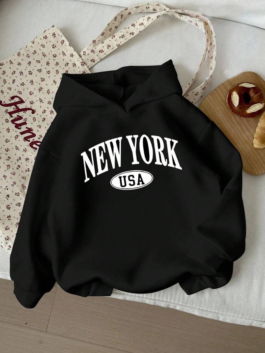 SHEIN Áo nỉ nữ tuổi teen in chữ và họa tiết, kiểu dáng thoải mái, tối giản, thích hợp cho mùa thu/đông. - màu đen - Xem 1