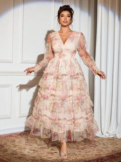 Auvina Nuevo vestido de malla con estampado floral, adecuado para fiesta de noche, cita, té de la tarde, cumpleaños, boda, vestido de cintura elástica, vestido casual de talla grande