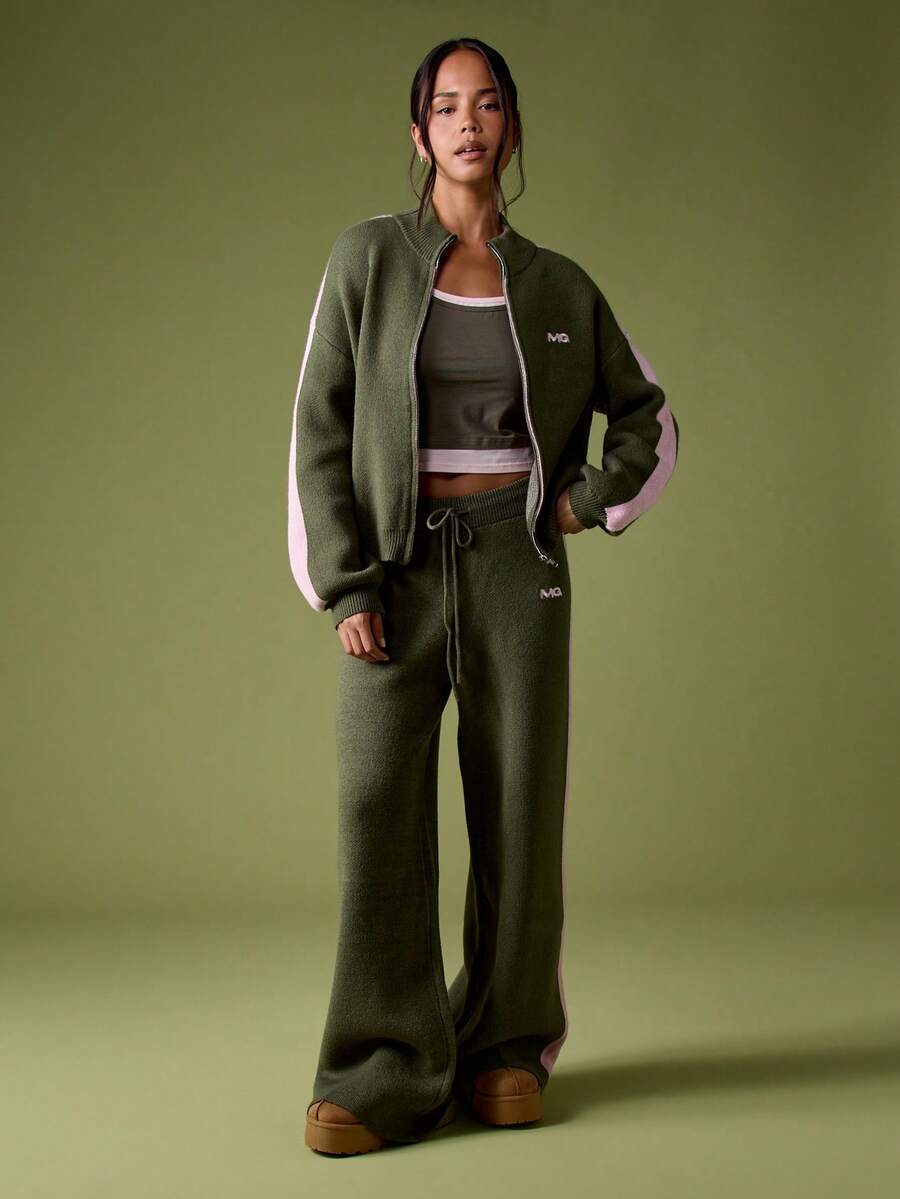 MISSGUIDED Knitted Wide Leg Trouser With Embroidery And Stripe Detail For Winter Layering Cozy Casual Comfort Christmas - Green - View 1