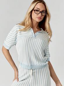 MISSGUIDED 女士条纹 Polo 衫针织短袖夏季休闲领口罗纹上衣 - 藍白色 - 查看 4