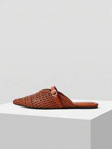 MOTF 女士新款法式时尚镂空编织带扣尖头平底鞋，百搭舒适，时尚轻便，简约高端优雅性感平底鞋 - 棕色 - 查看 3