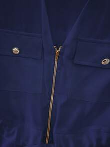 Franclia Damen V-Ausschnitt Reißverschluss Kordelzug Lässig Kurzarm Bluse - Königsblau - Übersicht 6