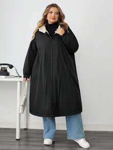 SHEIN CURVE+ Women's Plus Size Casual Loose Hooded Fleece Jacket, Autumn/Winter - Black - View 6