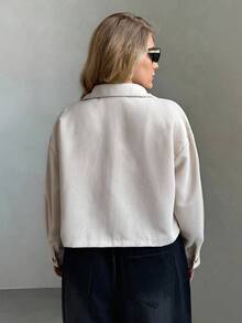 Auralis 大码秋季女装纯色简约休闲长袖夹克秋季，杏色夹克，机场服装，纽扣夹克，女士休闲装，女士冬季夹克，女士秋冬服装 - 米色 - 查看 2