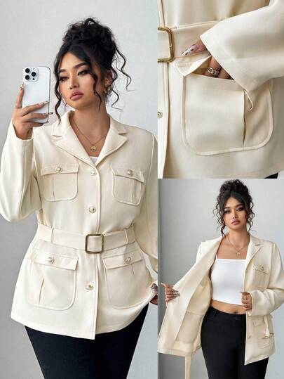 Elenzga 大码女式休闲/办公时尚新款欧美英伦风格高端金属单排扣多口袋设计系带修身长袖西装外套