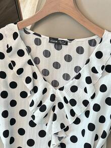 SHEIN Clasi 女士荷叶边波尔卡圆点印花无袖休闲衬衫 - 黑與白 - 查看 3