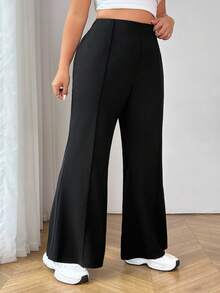 SHEIN PETITE CURVE 大码时尚百搭纯色喇叭裤，适合秋冬、春季、婚礼及活动、毕业典礼、休闲、女士正装、黑色裤子、日常穿着、通勤、毕业典礼、学习、教师、会议、办公室等场合。 - 黑色 - 查看 5